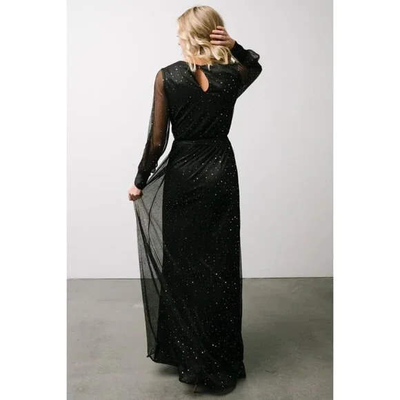 Baltic Born Abigail Sparkle Gown Black Gold Sequins Semi Sheer V Neck Medium New - Picture 3 of 14